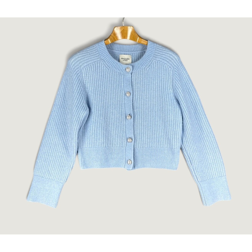 Abercrombie & Fitch Cardigan Womens M Blue Ribbed Pearl Button Preppy Chic Party